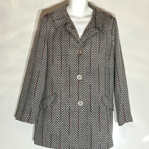 R-Q-T SZ L Gray Herringbone Tweed Wool Blend Coat Preppy Classic Essential - Picture 1 of 9